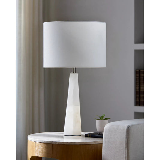 Falaise 626528 Accent Table Lamp by Surya in body: cream; shade (outside): cream; shade (inside): white; finial: metallic - nickel; harp: metallic - nickel; cord: translucent and burnishedplated. Made from stone, linen, iron in