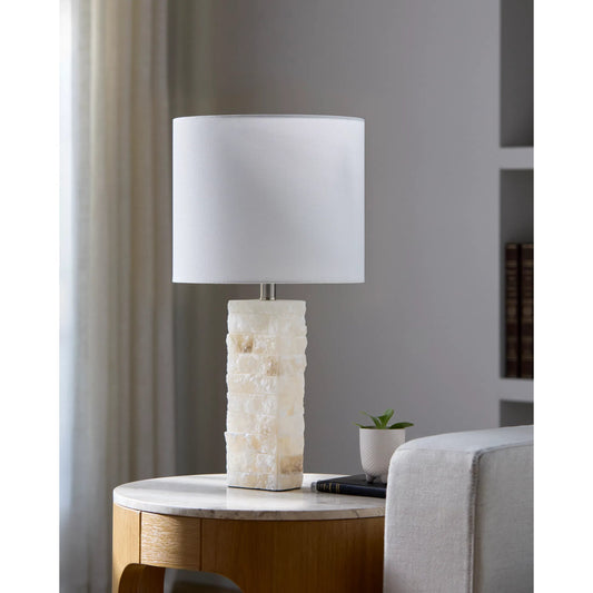 Falaise 626531 Accent Table Lamp by Surya in body: cream; shade (outside): cream; shade (inside): white; finial: metallic - nickel; harp: metallic - nickel; cord: translucent and carvedplated. Made from stone, linen, iron in a 