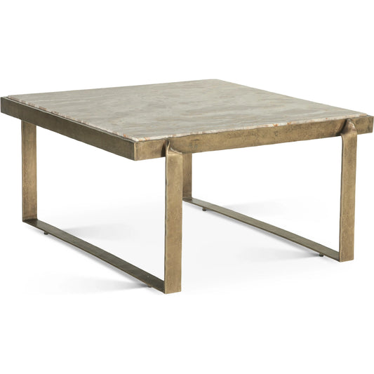 Rhodes 32" Coffee Table by World Interiors in multi and antique brass. Made from brass marble in a unique style.