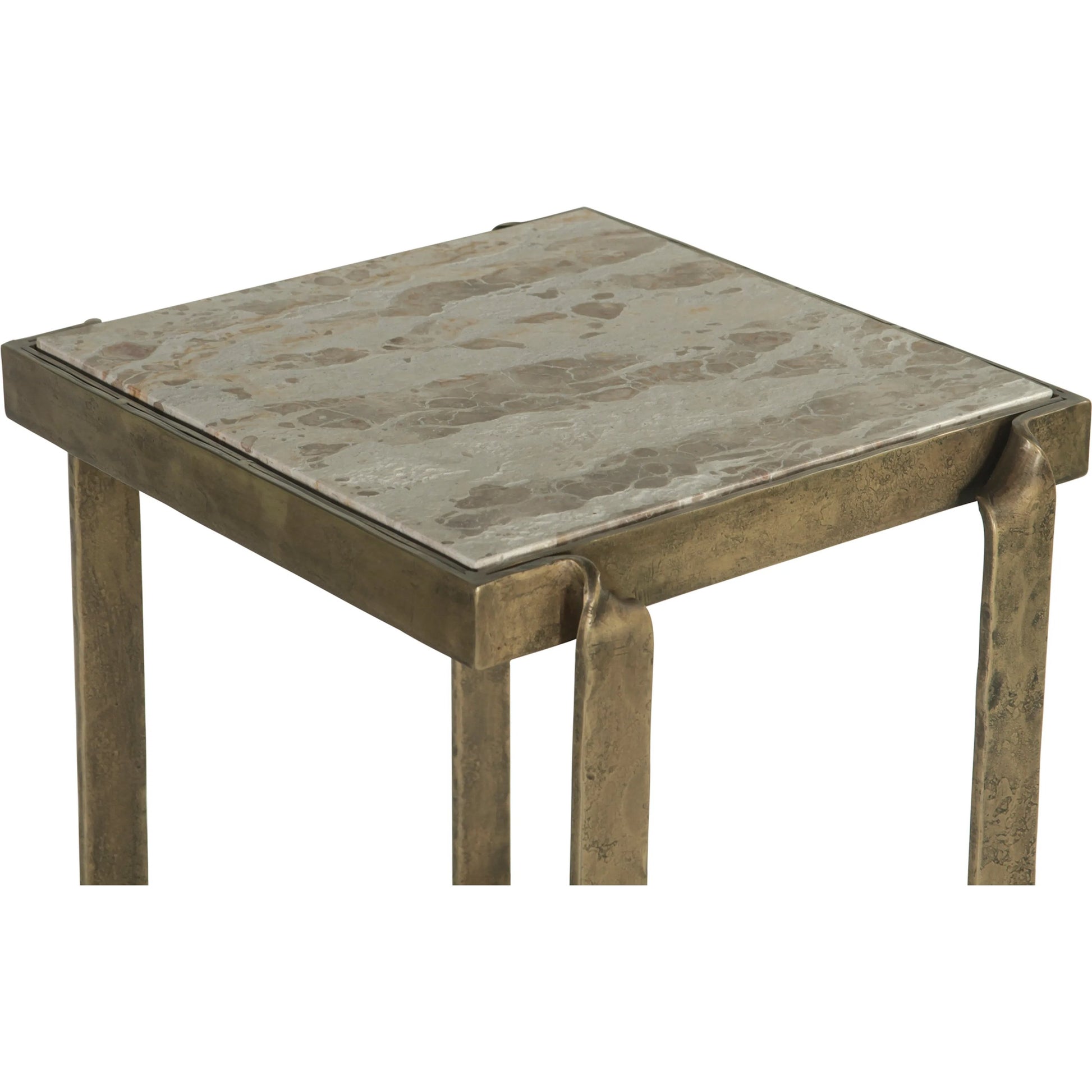 Rhodes 20" Side Table by World Interiors in multi and antique brass. Made from brass marble in a modern style.