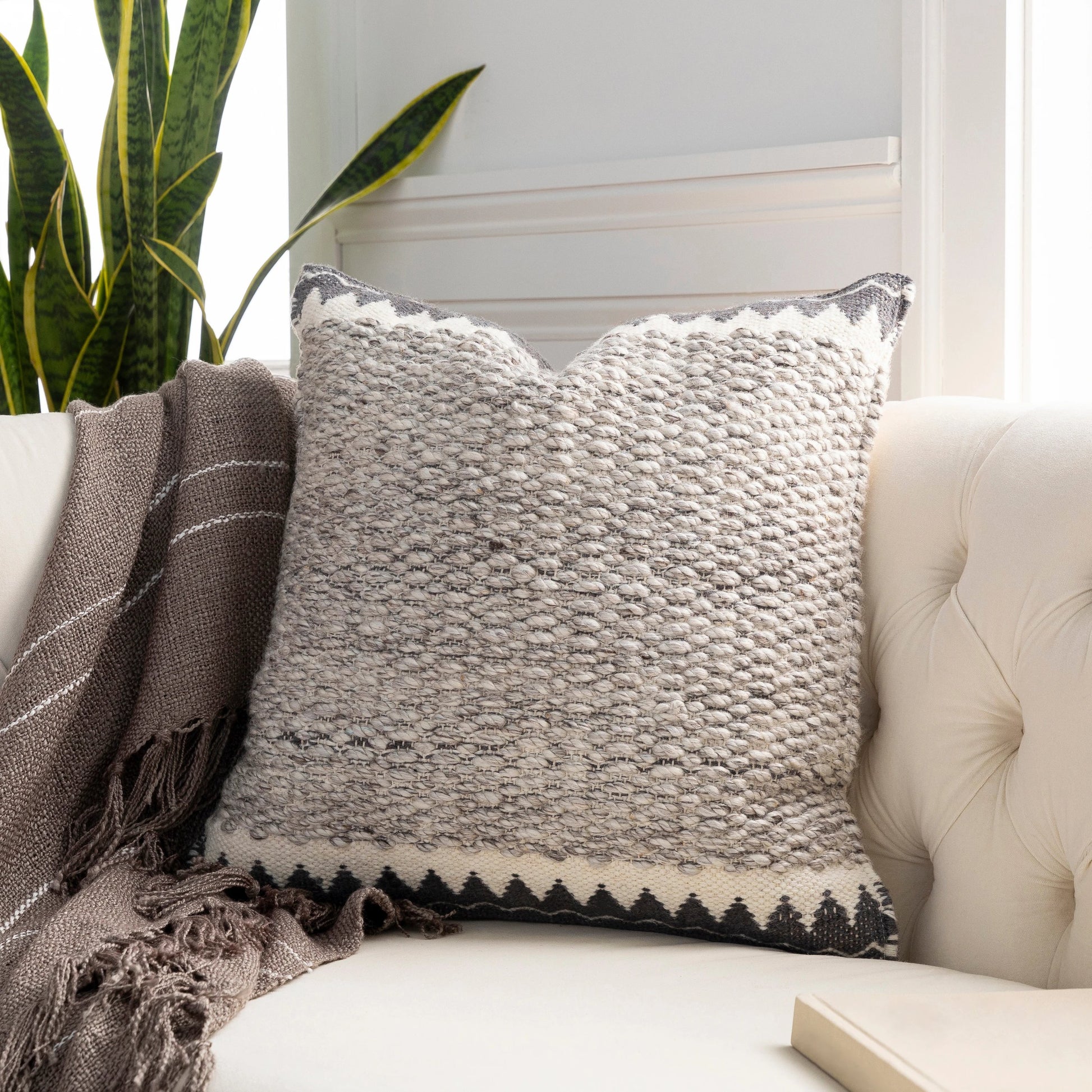 Faroe Pillow - 32356 by Livabliss in cream, ivory, dark brown, charcoal. Made from 70% wool, 30% cotton, 100% cotton in a eclectic & global style.