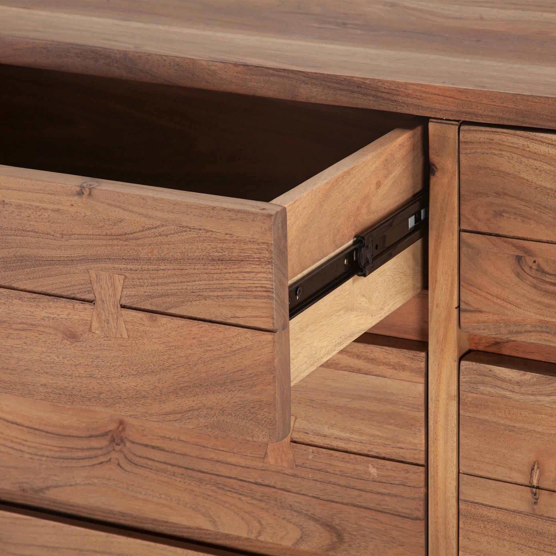 Glenwood Dresser by World Interiors in tan and smoked acacia. Made from acacia wood reclaimed iron in a transitional style.
