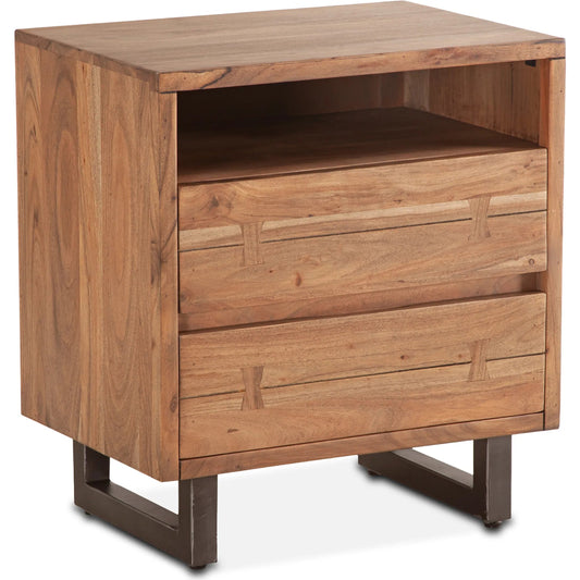 Glenwood Nightstand by World Interiors in brown and smoked acacia. Made from acacia wood, iron in a unique style.