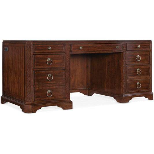 Charleston Executive Desk by Hooker Furniture in maraschino cherry. Made from cherry veneers with walnut, maple inlay, leather, solid-wood edge top in a traditional style.