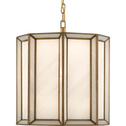 Daze Pendant by Currey and Company in antique brass, white. Made from brass, iron, milk glass in a modern style.