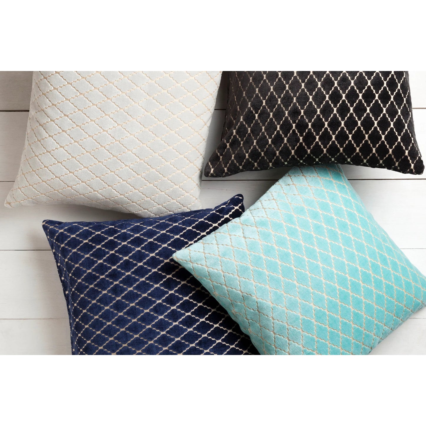 002 O-SURYA-FBA001-2020D,O-SURYA-FBA001-2020P | Lifestyle | Velvet Antique Lattice Pillow - 13388 by Surya in cream, aqua. Made from 90% viscose, 10% cotton in a modern style.
