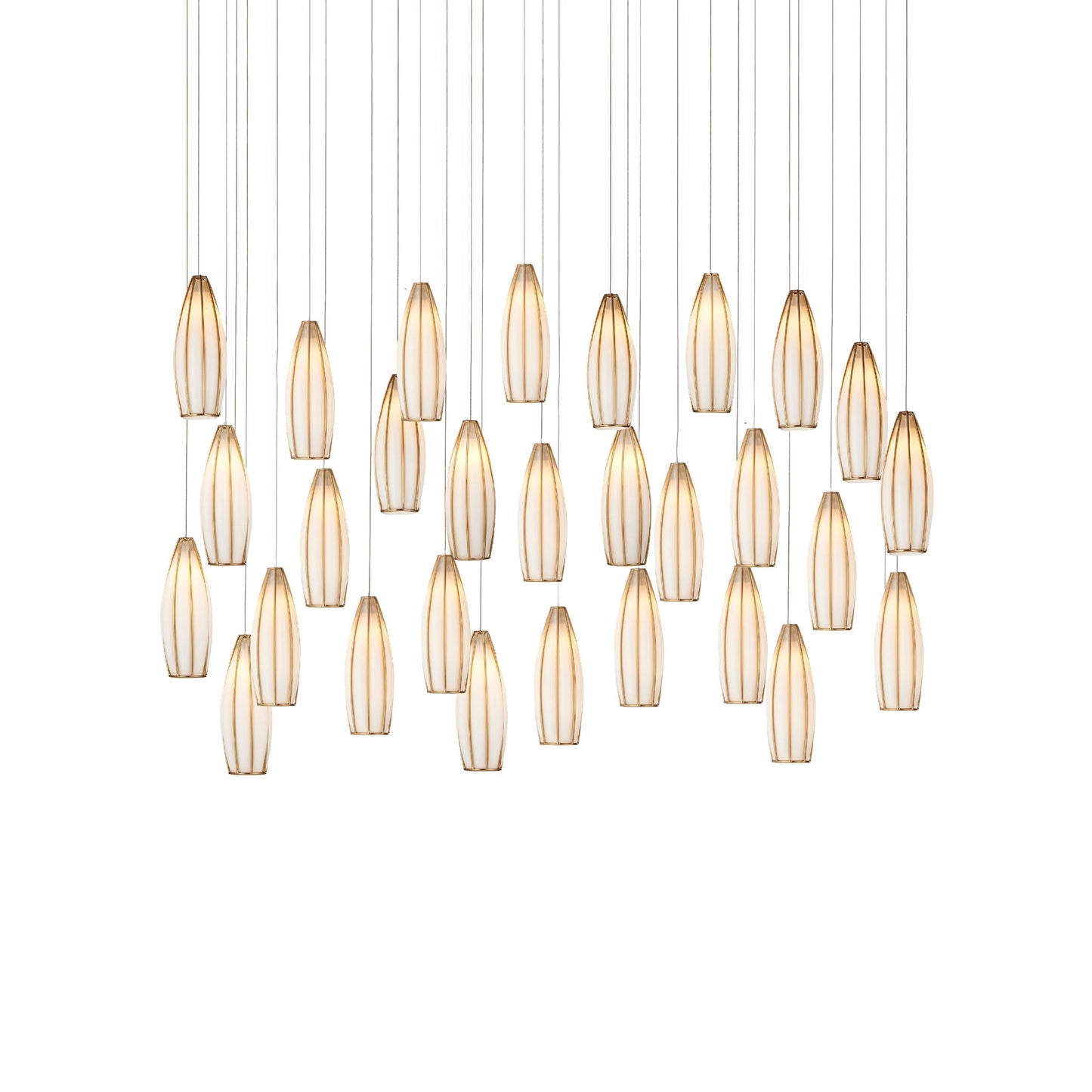 002 SI-2134033 | Additional Silo | Parish 30-Light Rectangular Multi-Drop Pendant by Currey and Company in white, antique brass, silver. Made from glass, metal in a modern style.