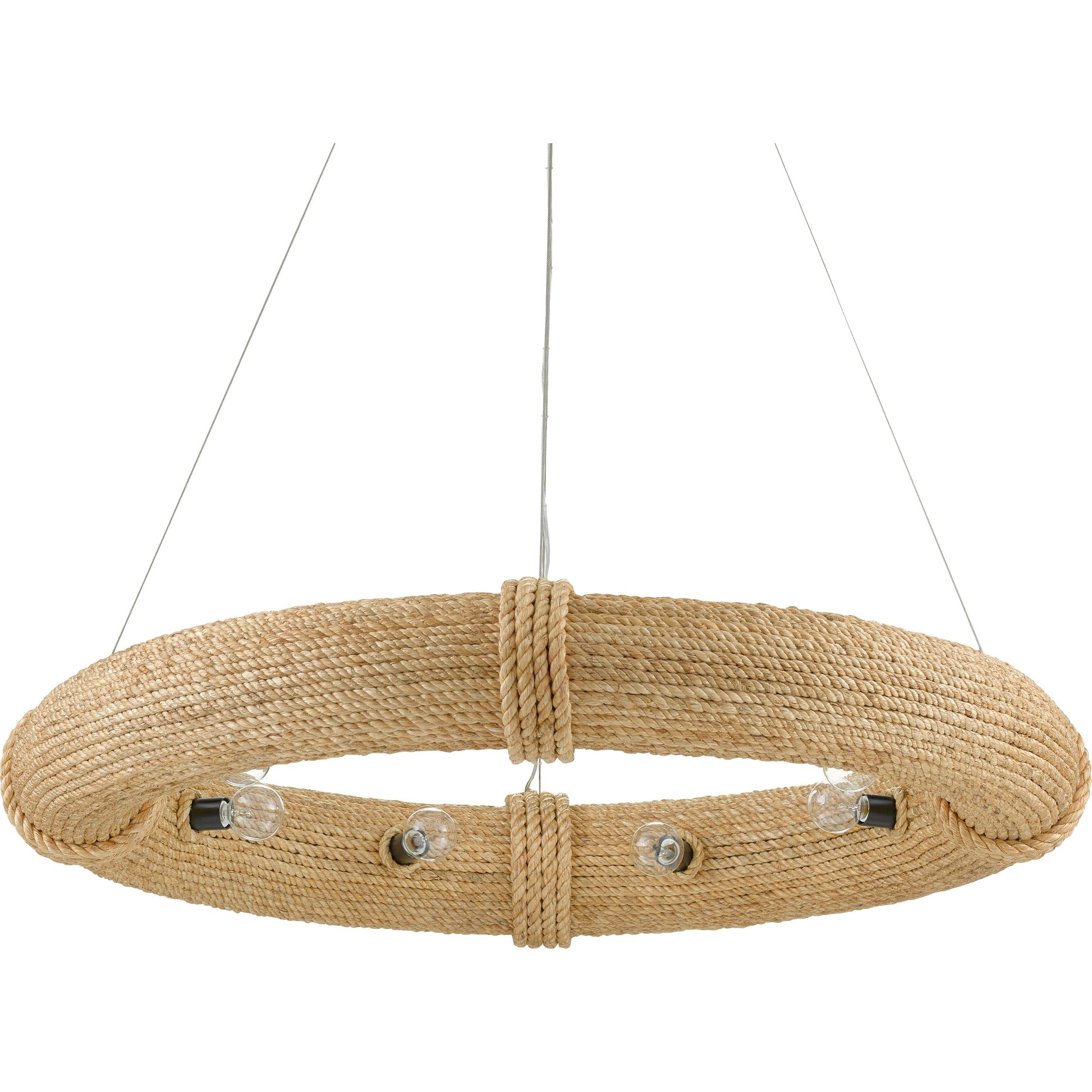 Portmeirion Chandelier by Currey and Company in satin black, abaca rope. Made from wrought iron, abaca rope in a coastal style.