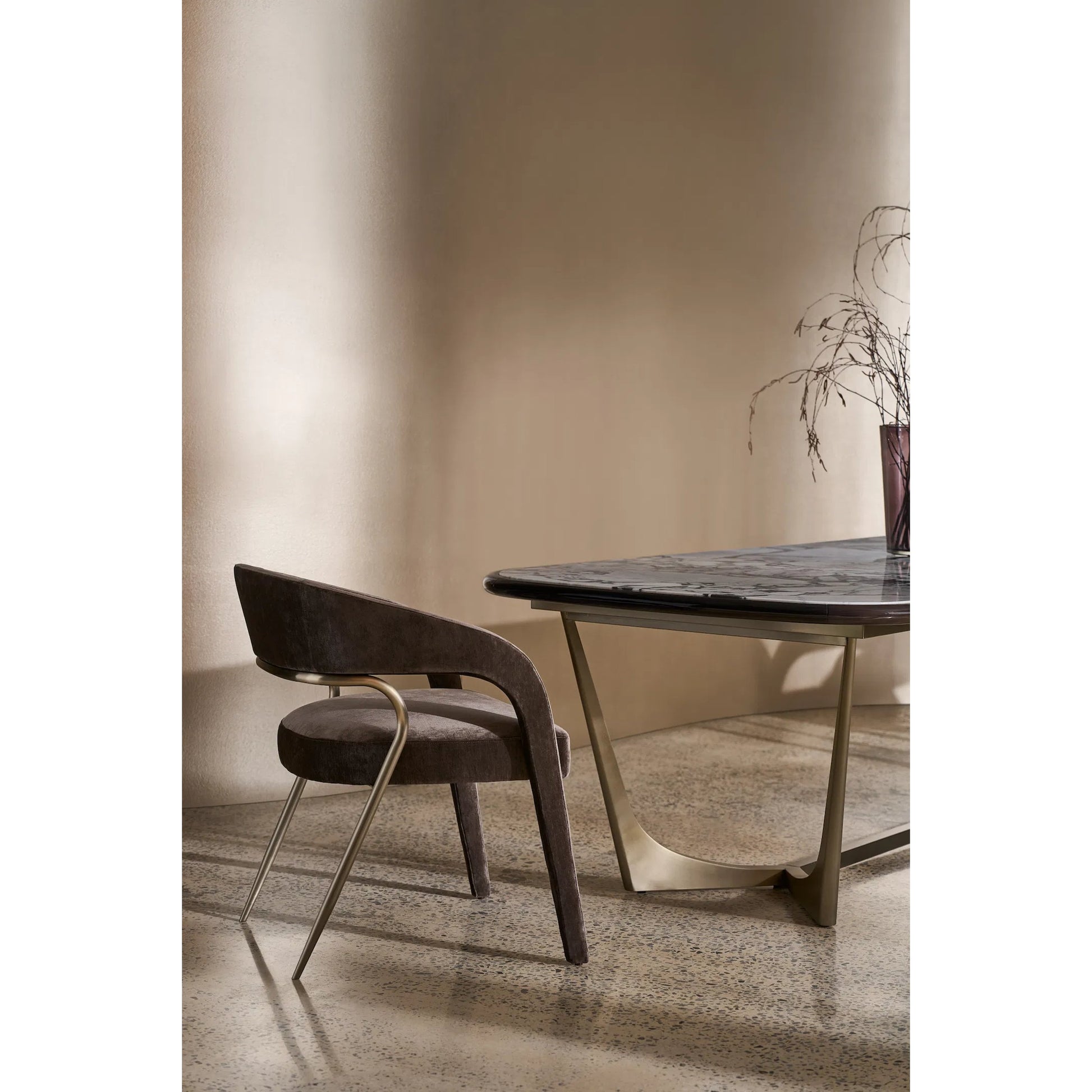 Vena Dining Table by Caracole in otter gloss, brushed gold. Made from unique in a modern style.