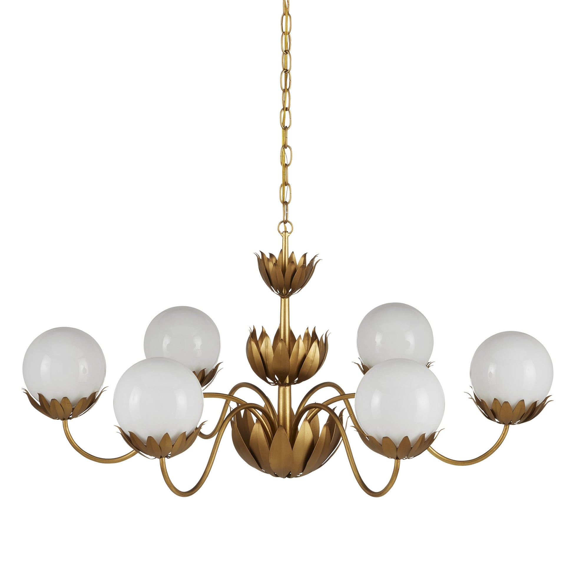 Mirasole Chandelier by Currey and Company in contemporary gold leaf, gold, white. Made from wrought iron, glass in a traditional style.