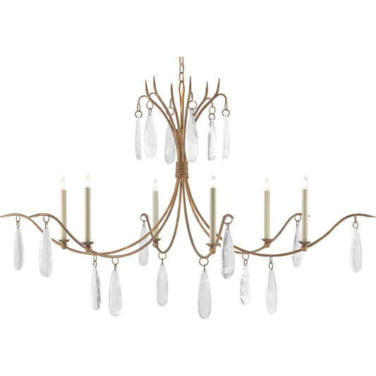 Marshallia Chandelier by Currey and Company in rustic gold, faux rock crystal. Made from wrought iron, glass in a transitional style.