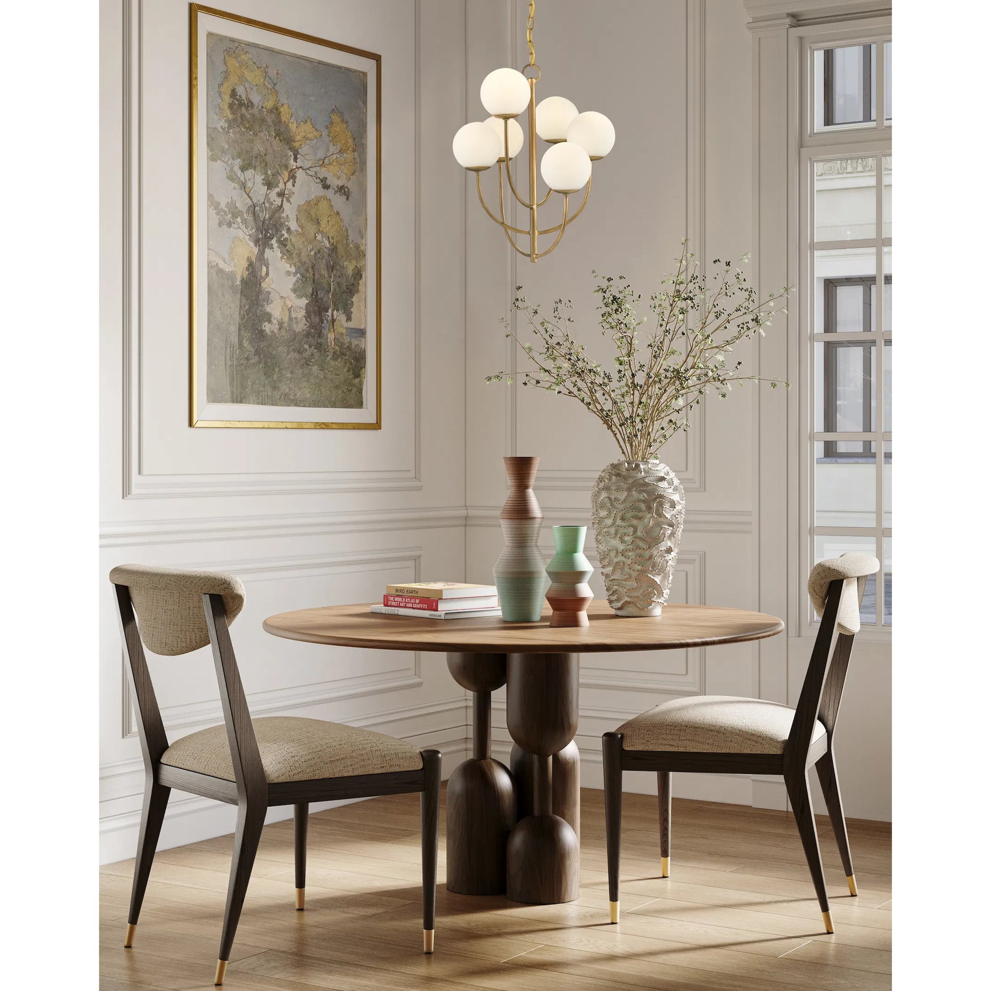 Sunnylands Chandelier by Currey and Company in brass. Made from wrought iron, glass in a modern style.