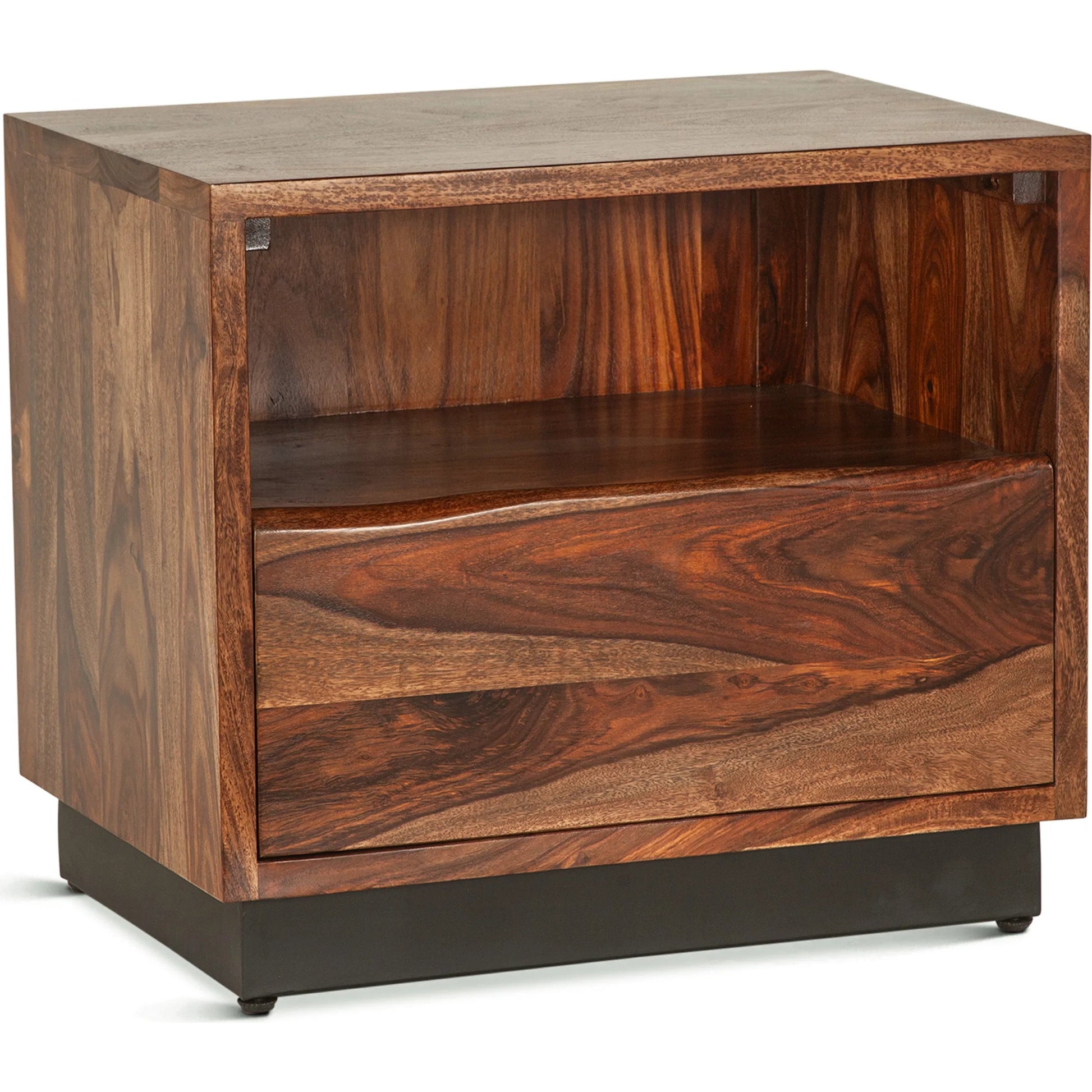 Elliston 26" Nightstand by World Interiors in brown, black and natural sheesham. Made from reclaimed iron sheesham wood in a transitional style.