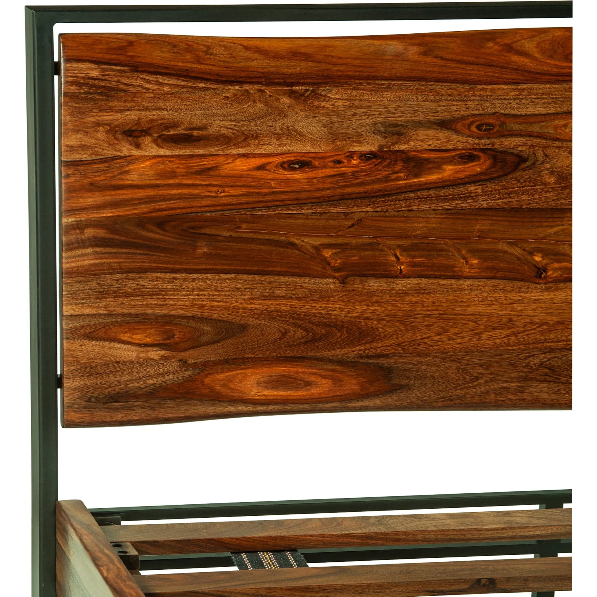 Elliston Reclaimed Wood Bed by World Interiors in brown, black and natural sheesham. Made from reclaimed iron sheesham wood in a transitional style.