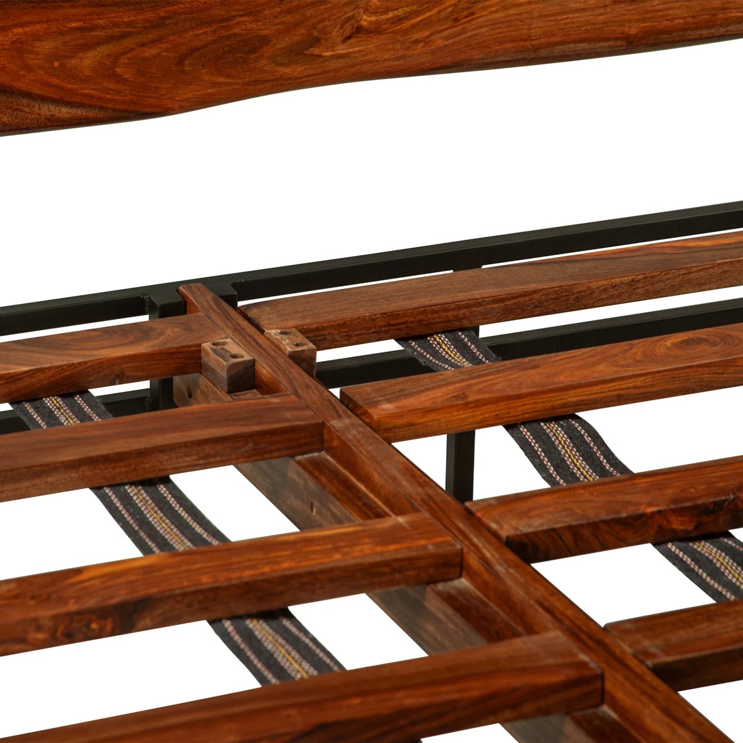 011 SI-2242837 | Closeup | Elliston Reclaimed Wood Bed by World Interiors in brown, black and natural sheesham. Made from reclaimed iron sheesham wood in a transitional style.