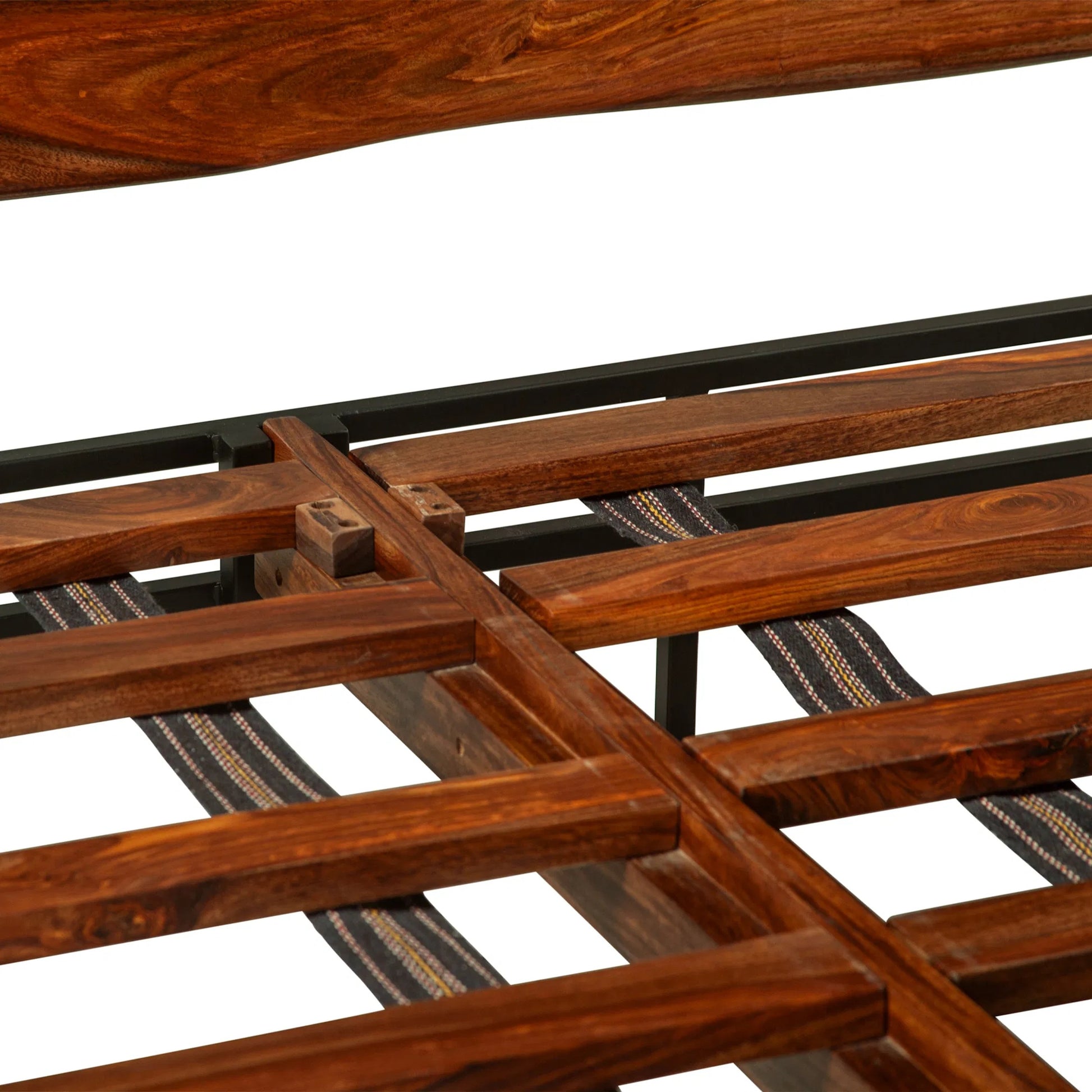 Elliston Reclaimed Wood Bed by World Interiors in brown, black and natural sheesham. Made from reclaimed iron sheesham wood in a transitional style.