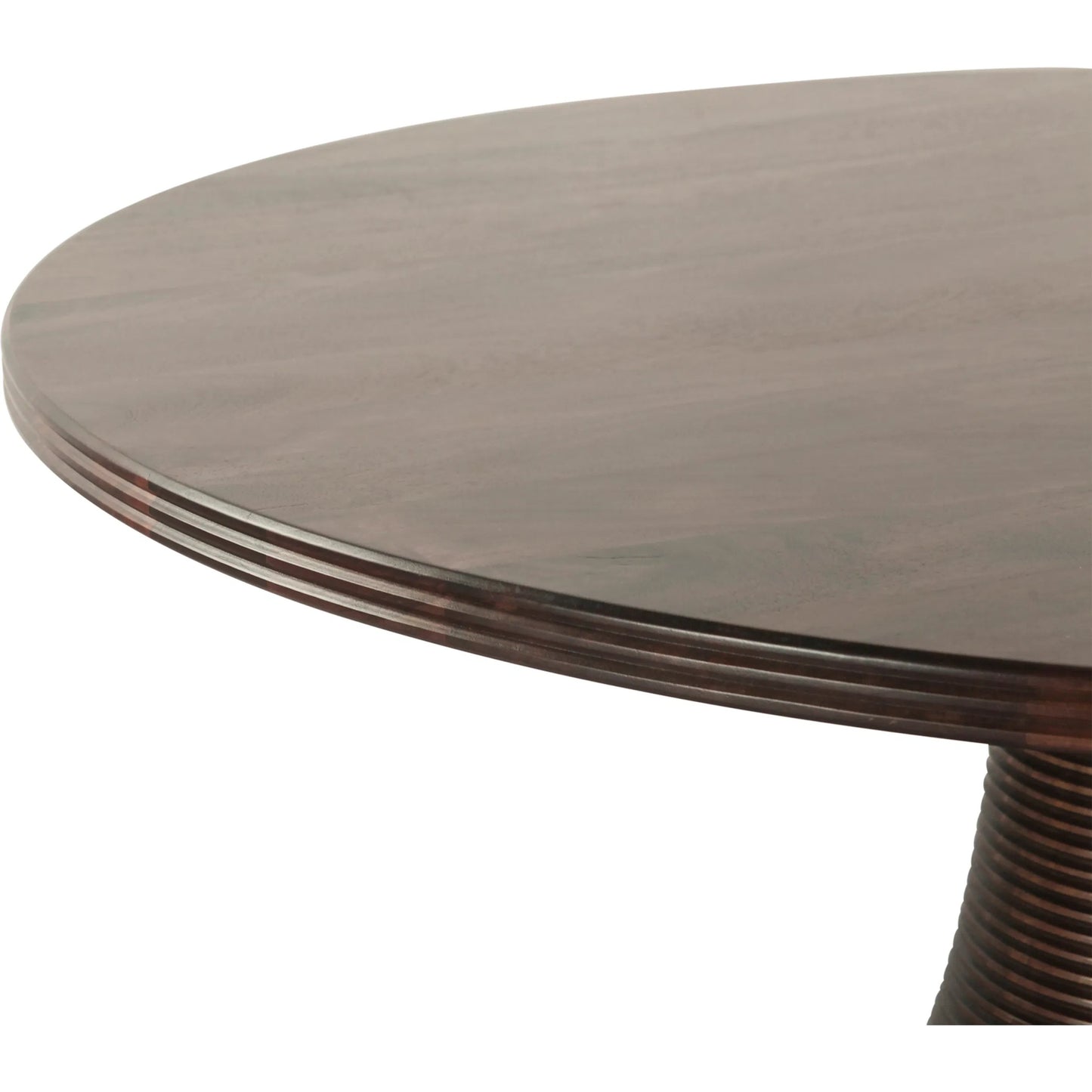 003 SI-2243036 | Closeup | Provence 54" Round Dining Table by World Interiors in brown and dark walnut. Made from mango wood in a unique style.
