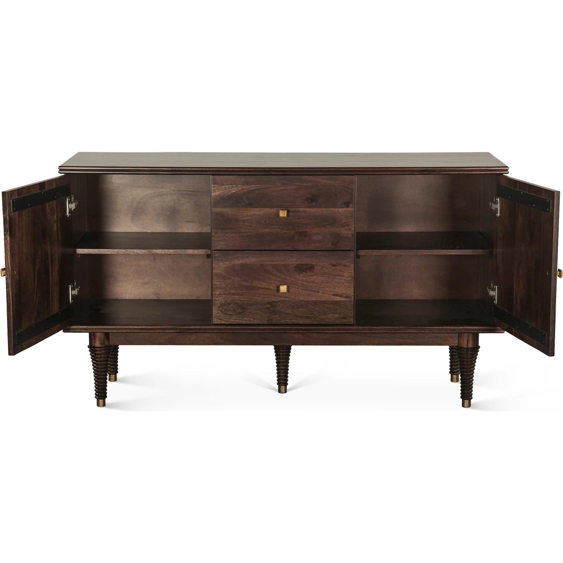 Provence 55" Sideboard by World Interiors in brown and dark walnut. Made from mango wood in a unique style.