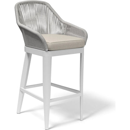 Miami Outdoor Barstool by Sunset West in frost. Made from olefin rope in a coastal style.