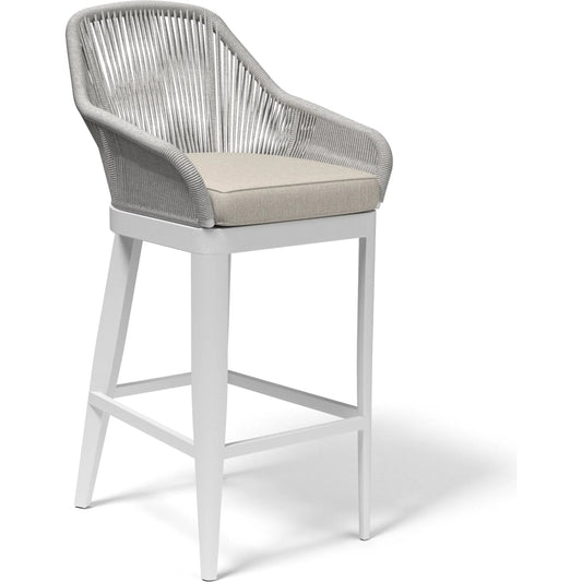 Miami Outdoor Barstool by Sunset West in frost. Made from olefin rope in a coastal style.
