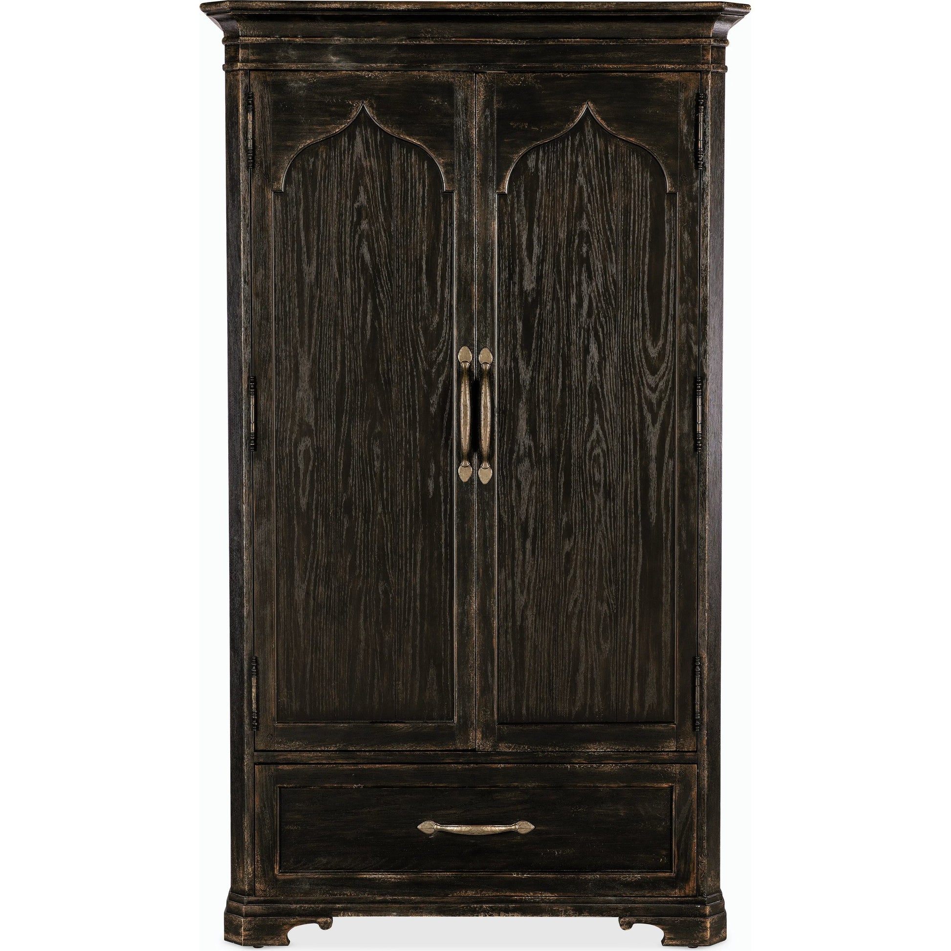 Americana Wardrobe by Hooker Furniture in black and molasses finish. Made from oak veneers in a cottage & farmhouse style.