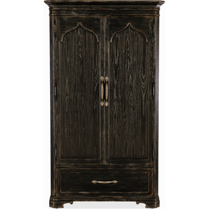 Americana Wardrobe by Hooker Furniture in black and molasses finish. Made from oak veneers in a cottage & farmhouse style.