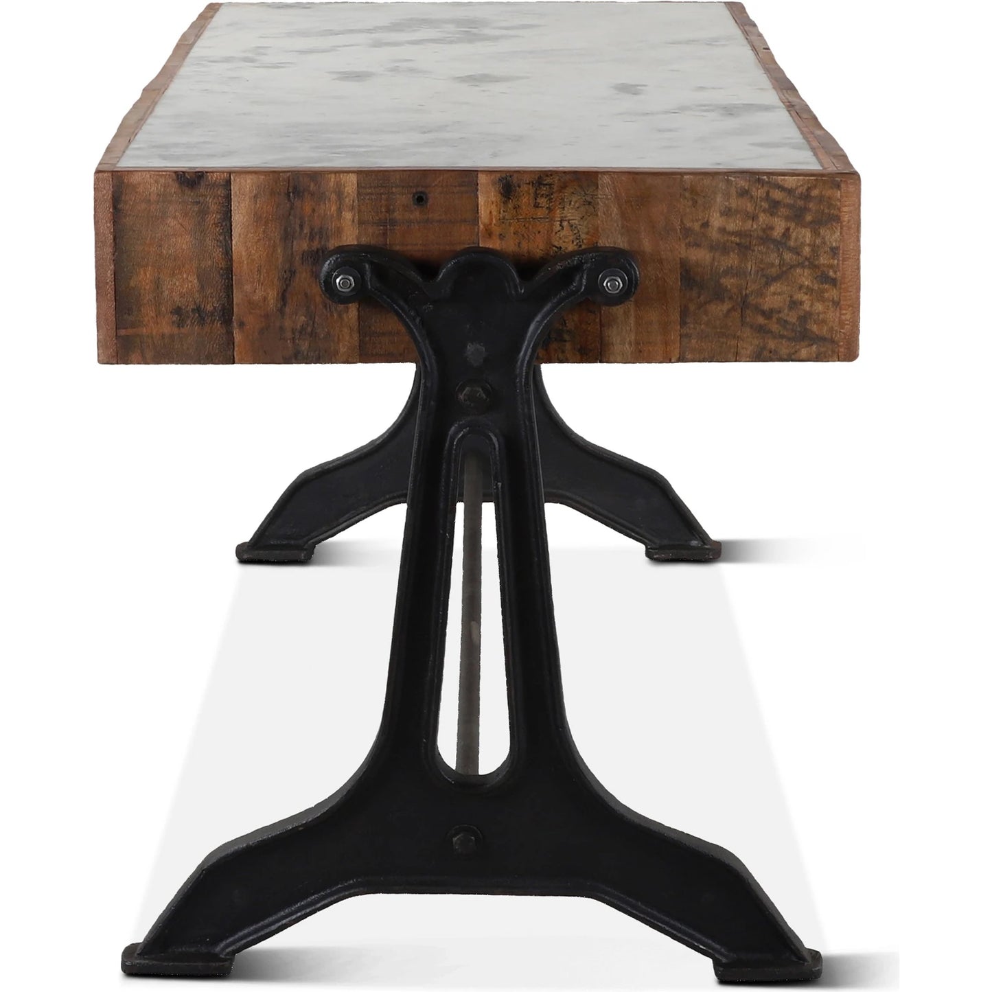 003 SI-2065566 | Closeup | Melbourne Office Desk by World Interiors in brown, black, light gray. Made from teak wood, marble, cast iron in a modern style.