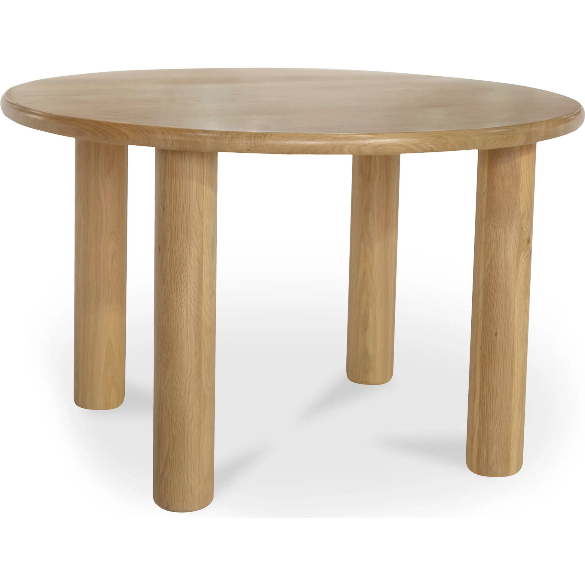 Milo Round Dining Table Oak by Moe's Home Collection in natural solid oak. Made from fsc certified solid oak tabletop edge, fsc certified oak veneer tabletop in a transitional style.