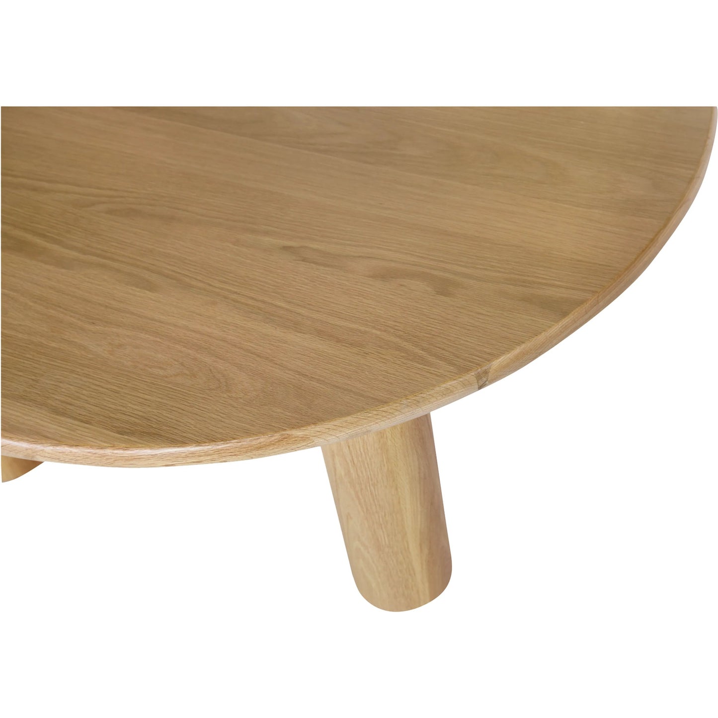 002 SI-2253872 | Closeup | Milo Round Dining Table Oak by Moe's Home Collection in natural solid oak. Made from fsc certified solid oak tabletop edge, fsc certified oak veneer tabletop in a transitional style.