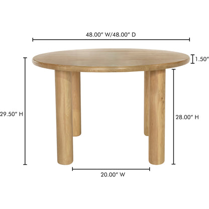 Milo Round Dining Table Oak by Moe's Home Collection in natural solid oak. Made from fsc certified solid oak tabletop edge, fsc certified oak veneer tabletop in a transitional style.
