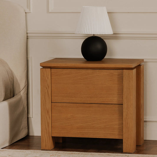 Brook Nightstand by Moe's Home Collection in country oak. Made from fsc solid oak leg, fsc oak veneer over mdf, undermount gllides in a unique style.