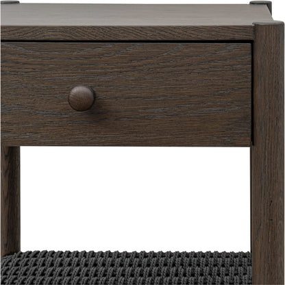Millie Nightstand by Moe's Home Collection. Made from top, side, front, mdf veneer oak, shelve black paper cord, solid oak, wooden handle in a transitional style.
