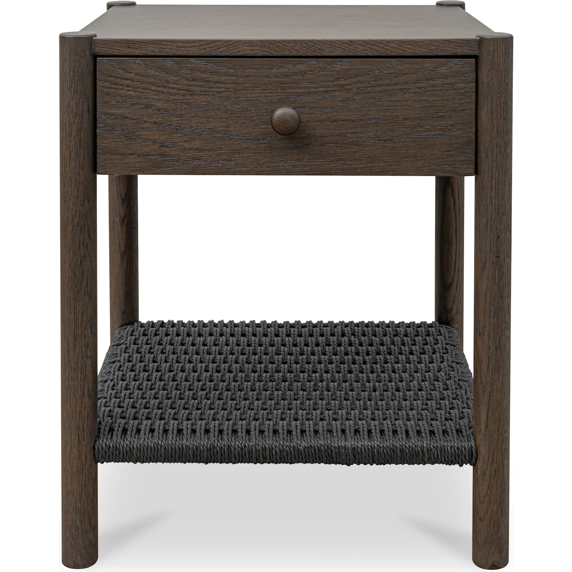 Millie Nightstand by Moe's Home Collection. Made from top, side, front, mdf veneer oak, shelve black paper cord, solid oak, wooden handle in a transitional style.