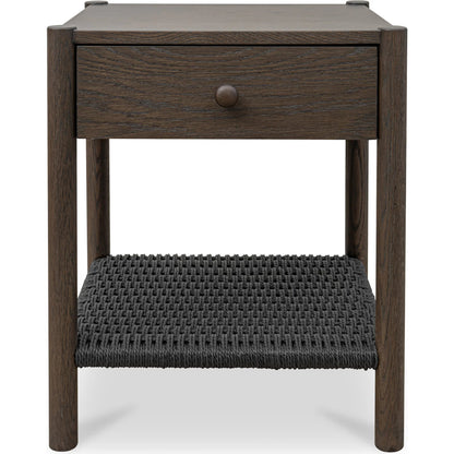 Millie Nightstand by Moe's Home Collection. Made from top, side, front, mdf veneer oak, shelve black paper cord, solid oak, wooden handle in a transitional style.