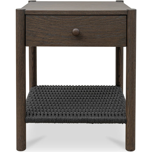 Millie Nightstand by Moe's Home Collection. Made from top, side, front, mdf veneer oak, shelve black paper cord, solid oak, wooden handle in a unique style.