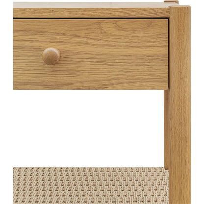 Millie Nightstand by Moe's Home Collection. Made from top, side, front, mdf veneer oak, shelve black paper cord, solid oak, wooden handle in a transitional style.
