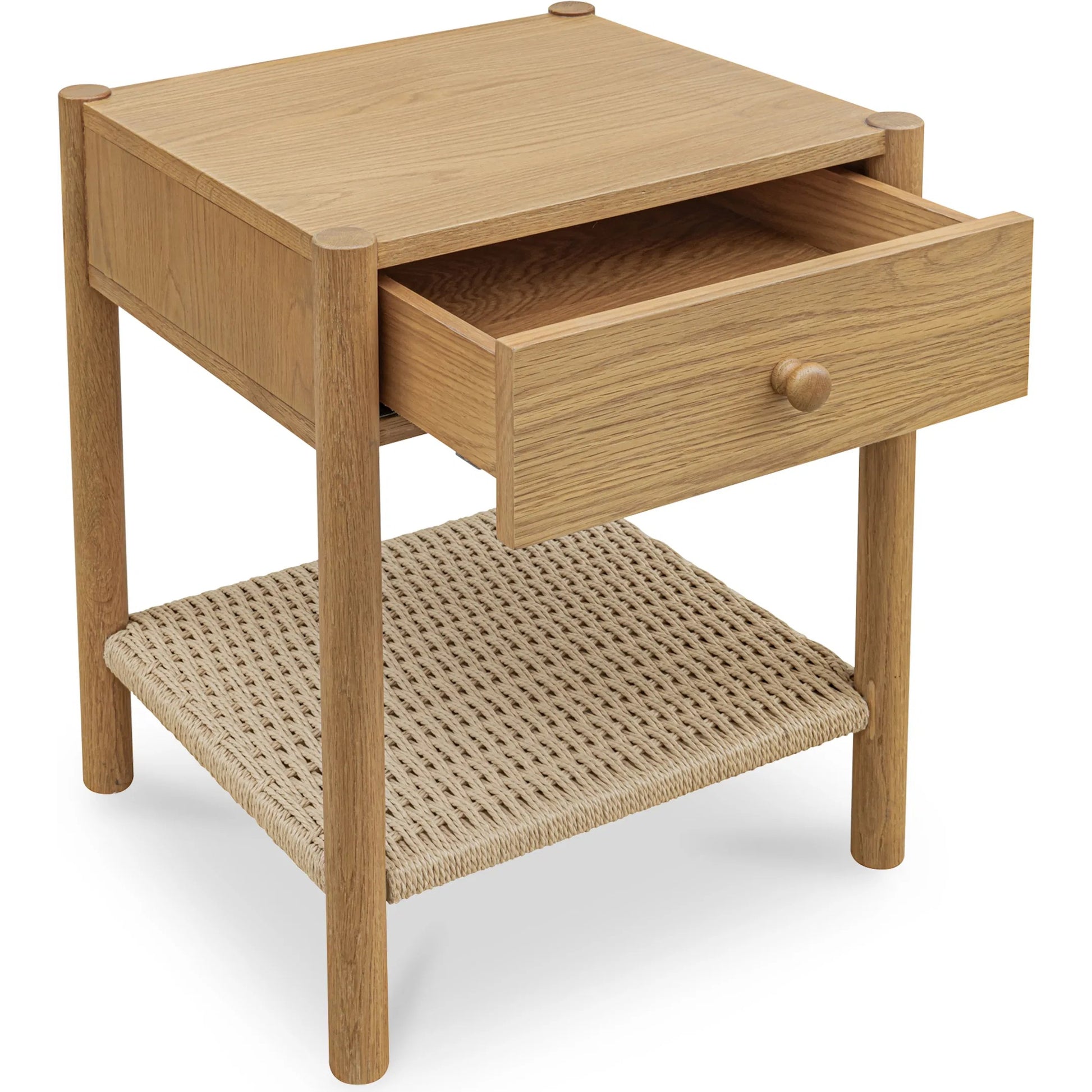 Millie Nightstand by Moe's Home Collection. Made from top, side, front, mdf veneer oak, shelve black paper cord, solid oak, wooden handle in a transitional style.