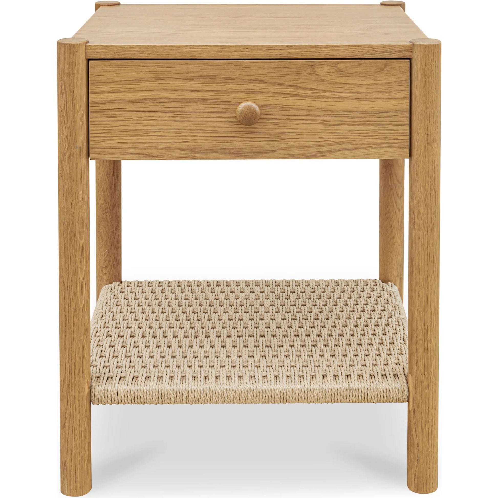 Millie Nightstand by Moe's Home Collection. Made from top, side, front, mdf veneer oak, shelve black paper cord, solid oak, wooden handle in a transitional style.