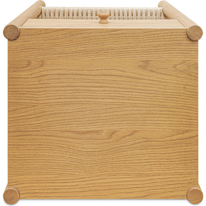 Millie Nightstand by Moe's Home Collection. Made from top, side, front, mdf veneer oak, shelve black paper cord, solid oak, wooden handle in a transitional style.