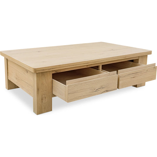 Graham Storage Coffee Table by Moe's Home Collection in natural. Made from thick rustic oak veneer over mdf, solid oak, wood slider in a unique style.