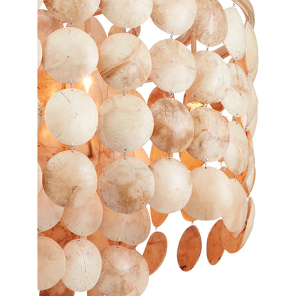 Buko Chandelier by Currey and Company in coco cream. Made from wrought iron, coco shell in a coastal style.