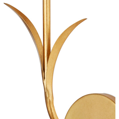 Rossville Wall Sconce by Currey and Company in contemporary gold leaf, frosted white. Made from wrought iron, glass in a modern style.