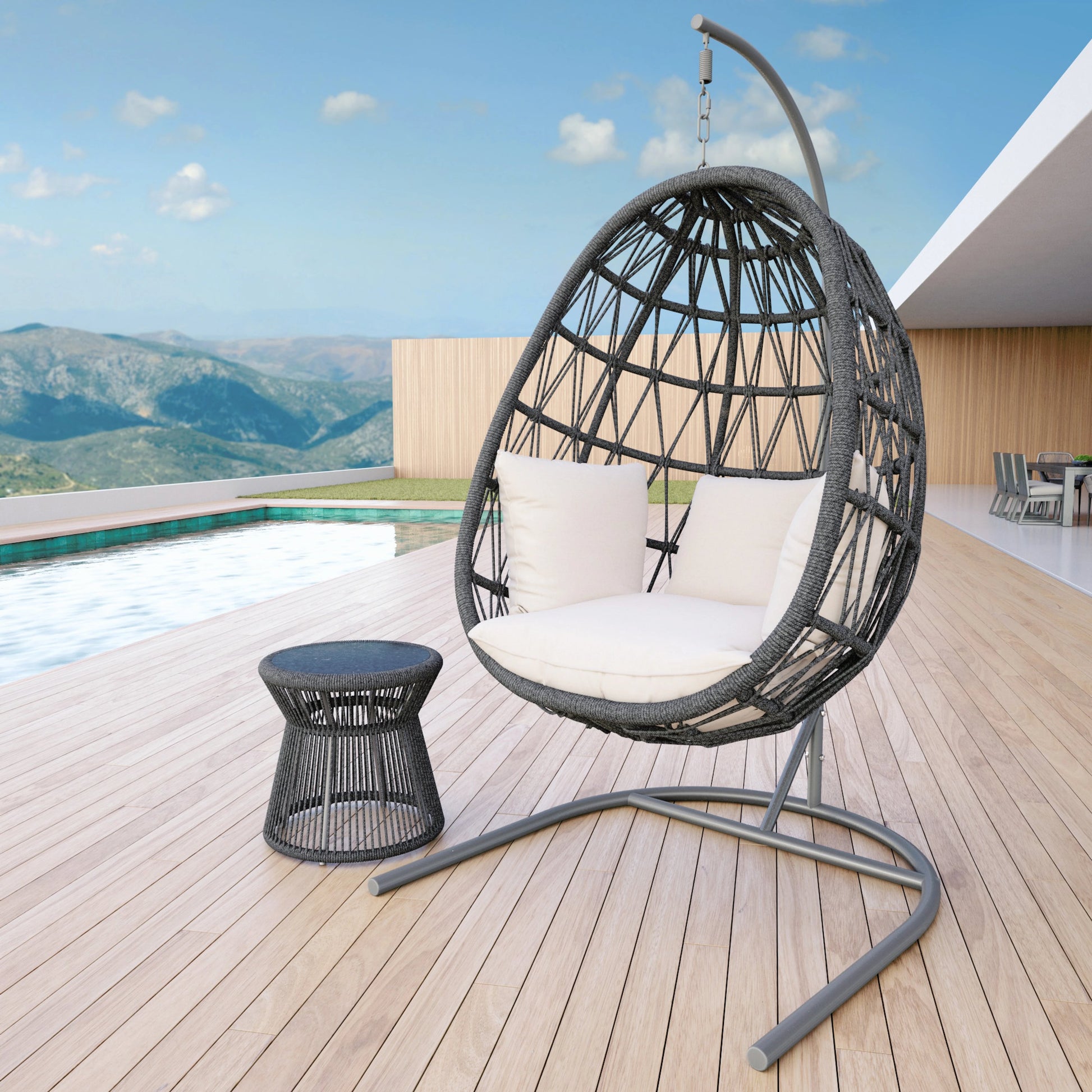 Milano Outdoor Hanging Chair by Sunset West in slate. Made from olefin rope in a coastal style.