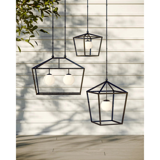 Denison Outdoor Lantern by Currey and Company in black, frosted white. Made from wrought iron, glass in a unique style.
