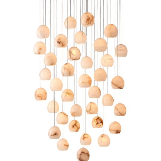 Lazio 36-Light Multi-Drop Pendant by Currey and Company in natural, painted silver. Made from alabaster, metal in a transitional style.
