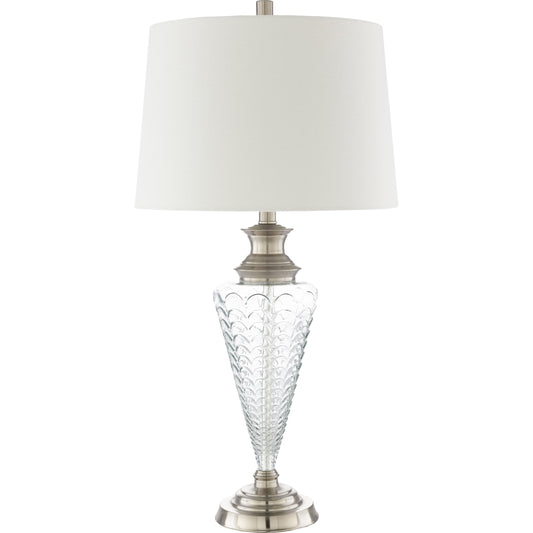 Felicia Lamp - 23951 by Surya in white linen, clear and platedtexturedplated. Made from linen, polyester, glass, metal in a traditional style.