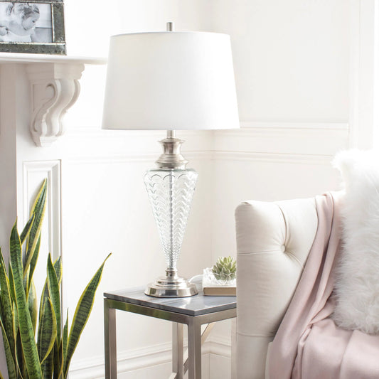 Felicia Lamp - 23951 by Surya in white linen, clear and platedtexturedplated. Made from linen, polyester, glass, metal in a traditional style.