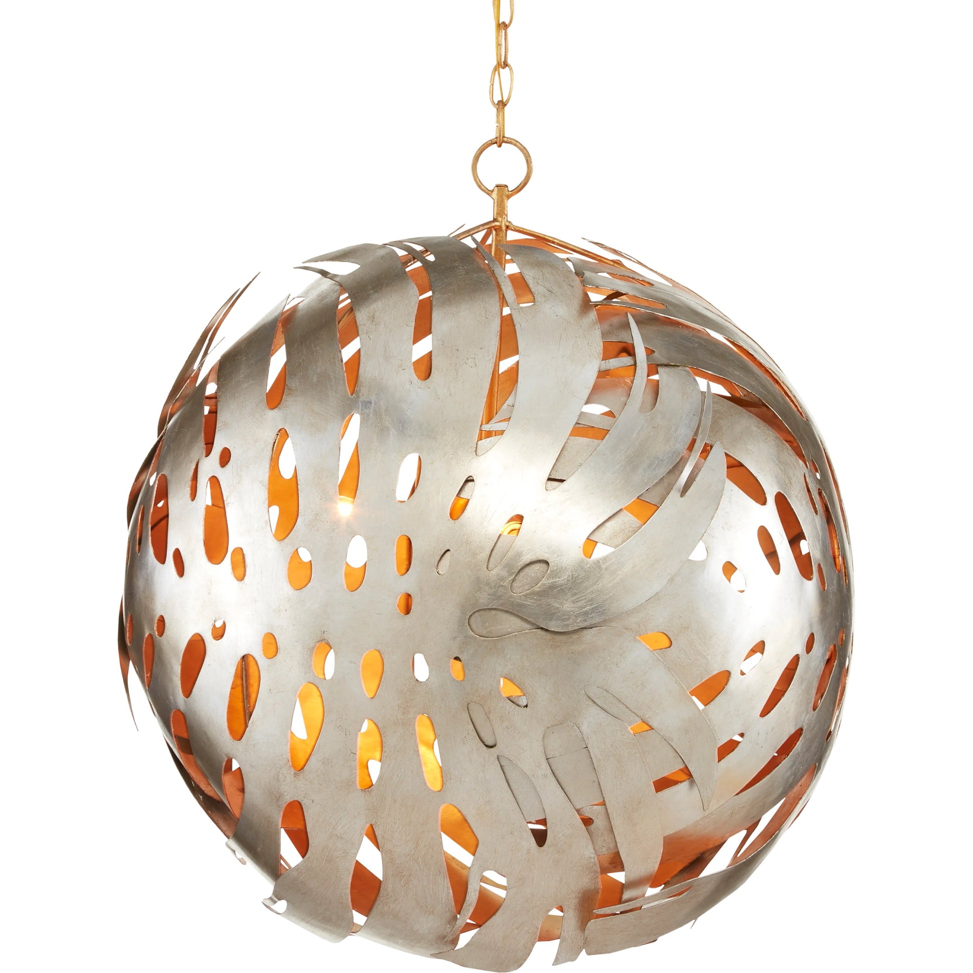 Elder Orb Chandelier by Currey and Company in contemporary silver leaf, contemporary gold leaf. Made from wrought iron in a eclectic & global style.