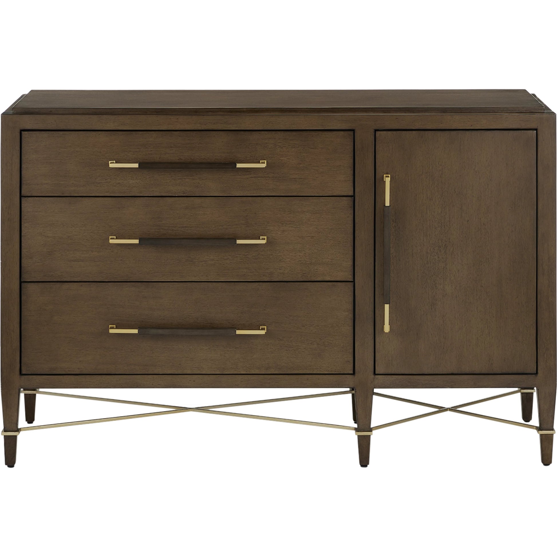 Verona Three-Drawer Chest by Currey and Company in lacquered black linen, champagne. Made from black linen, mahogany, brass, iron in a traditional style.