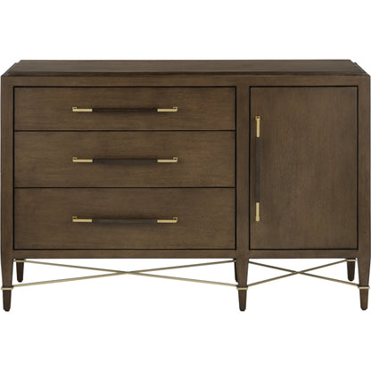 Verona Three-Drawer Chest by Currey and Company in lacquered black linen, champagne. Made from black linen, mahogany, brass, iron in a traditional style.